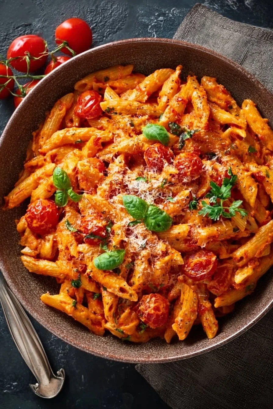 Bowl of easy creamy tomato pasta garnished with fresh basil and cheese