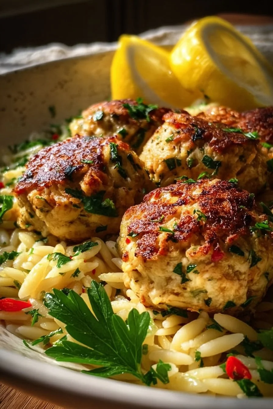 Plate of easy Greek chicken meatballs served with lemon orzo
