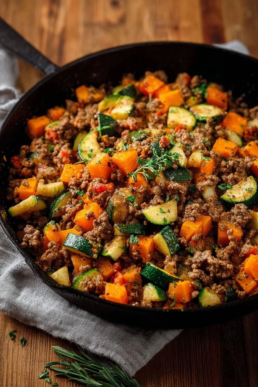 Easy Ground Beef Zucchini Sweet Potato Skillet in a frying pan