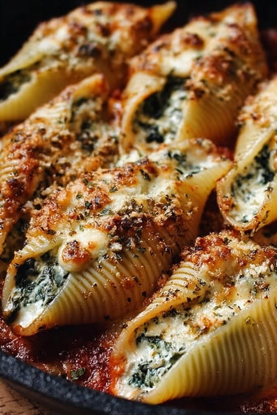Easy spinach and ricotta stuffed shells served in a dish