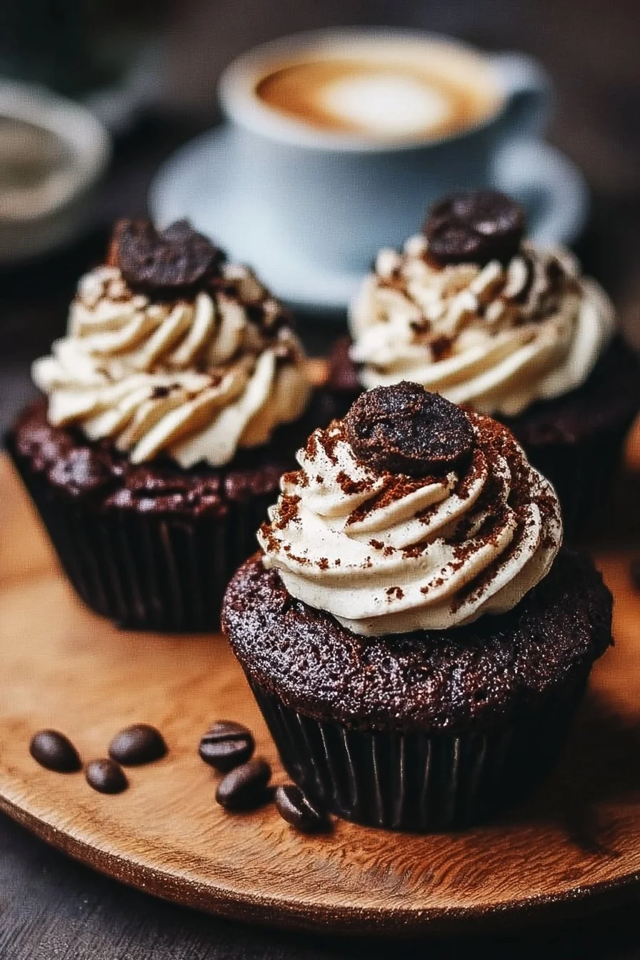 Delicious espresso brownie cupcakes with chocolate frosting on a rustic table.