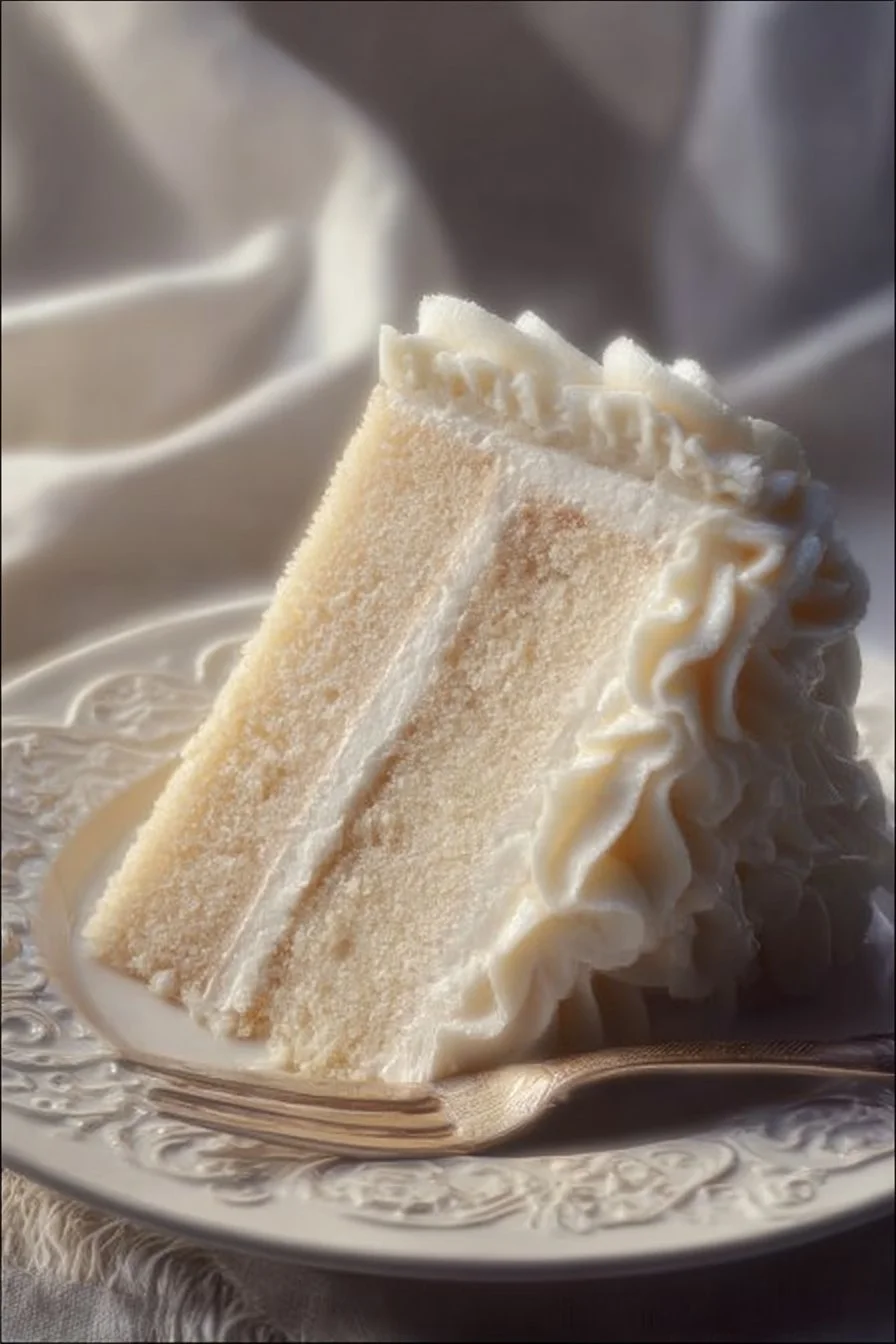 Moist white velvet cake with vanilla buttercream frosting on a decorative plate.