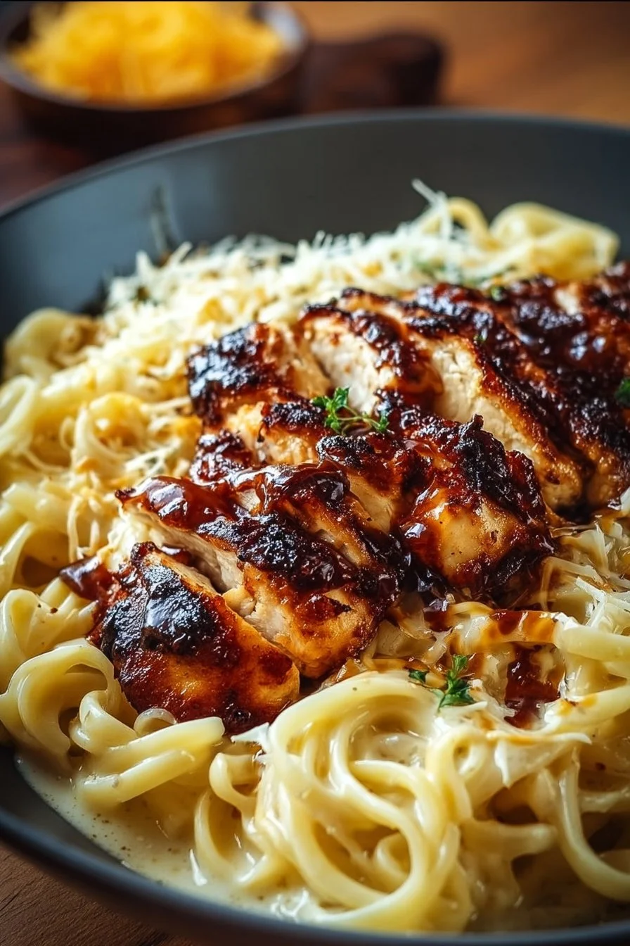 Creamy Honey BBQ Chicken and Cheddar Pasta dish served in a bowl