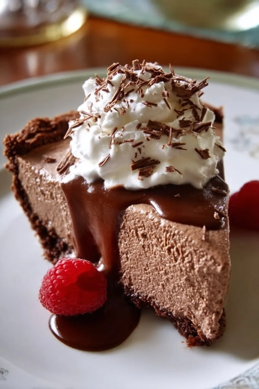 Fresh and easy chocolate mousse pie served on a plate