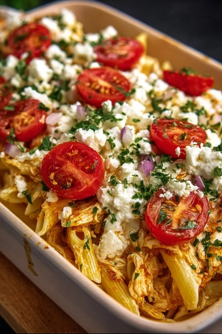 Fresh feta pasta bake served in a baking dish, perfect for easy lunches.