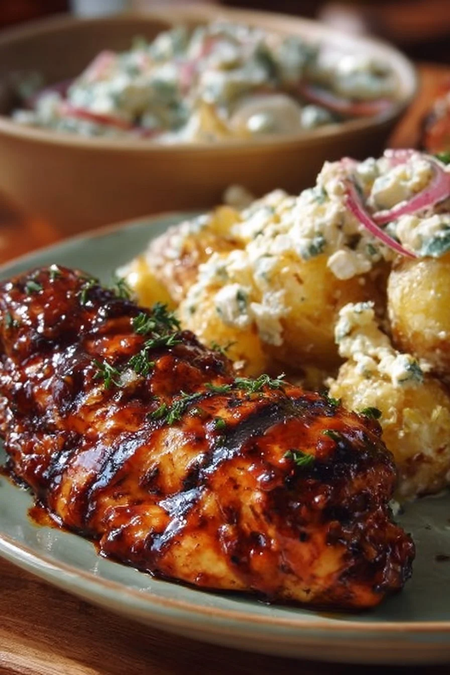 Delicious plate of Honey BBQ Chicken served with Southern Potato Salad