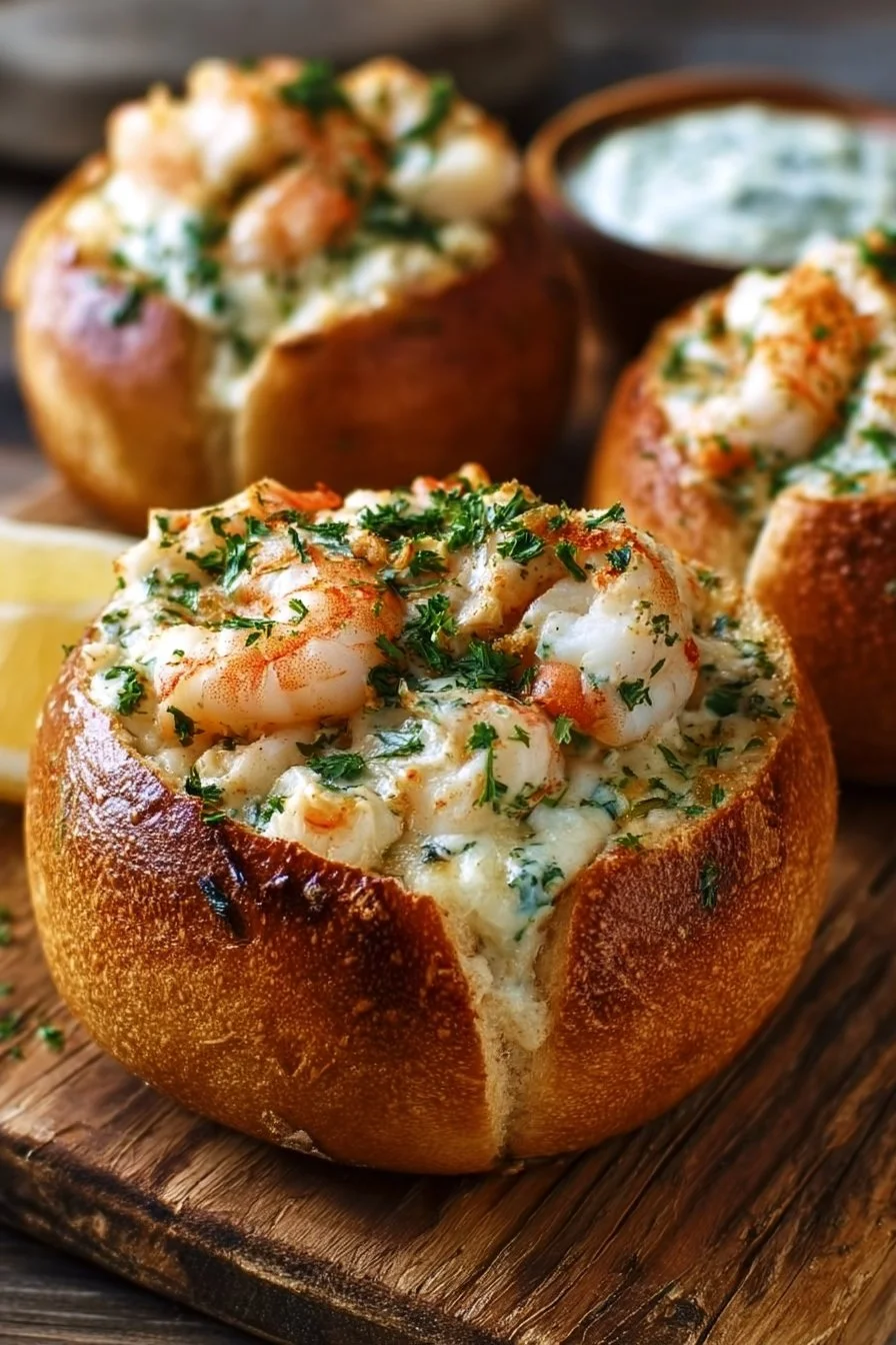 Fresh stuffed seafood bread bowls served for a summer evening meal.