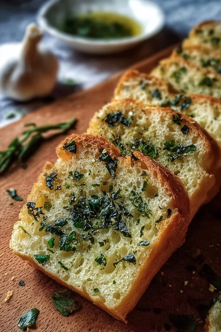 Homemade garlic herb bread with fresh herbs and garlic, served warm.