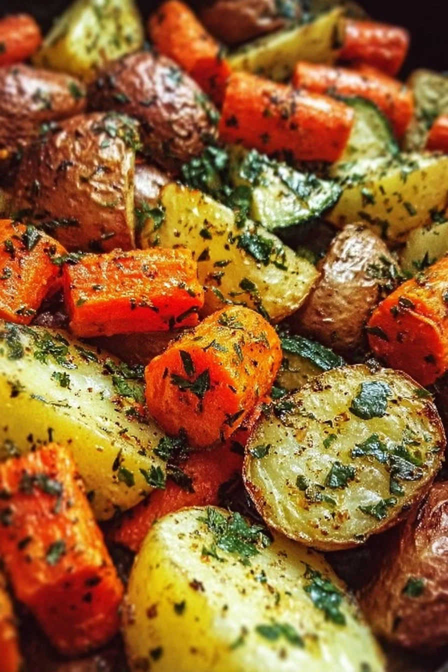Garlic Herb Roasted Potatoes with carrots and zucchini in a baking dish