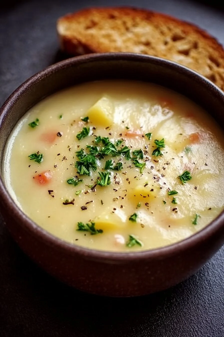 Bowl of creamy gluten-free potato soup topped with fresh herbs