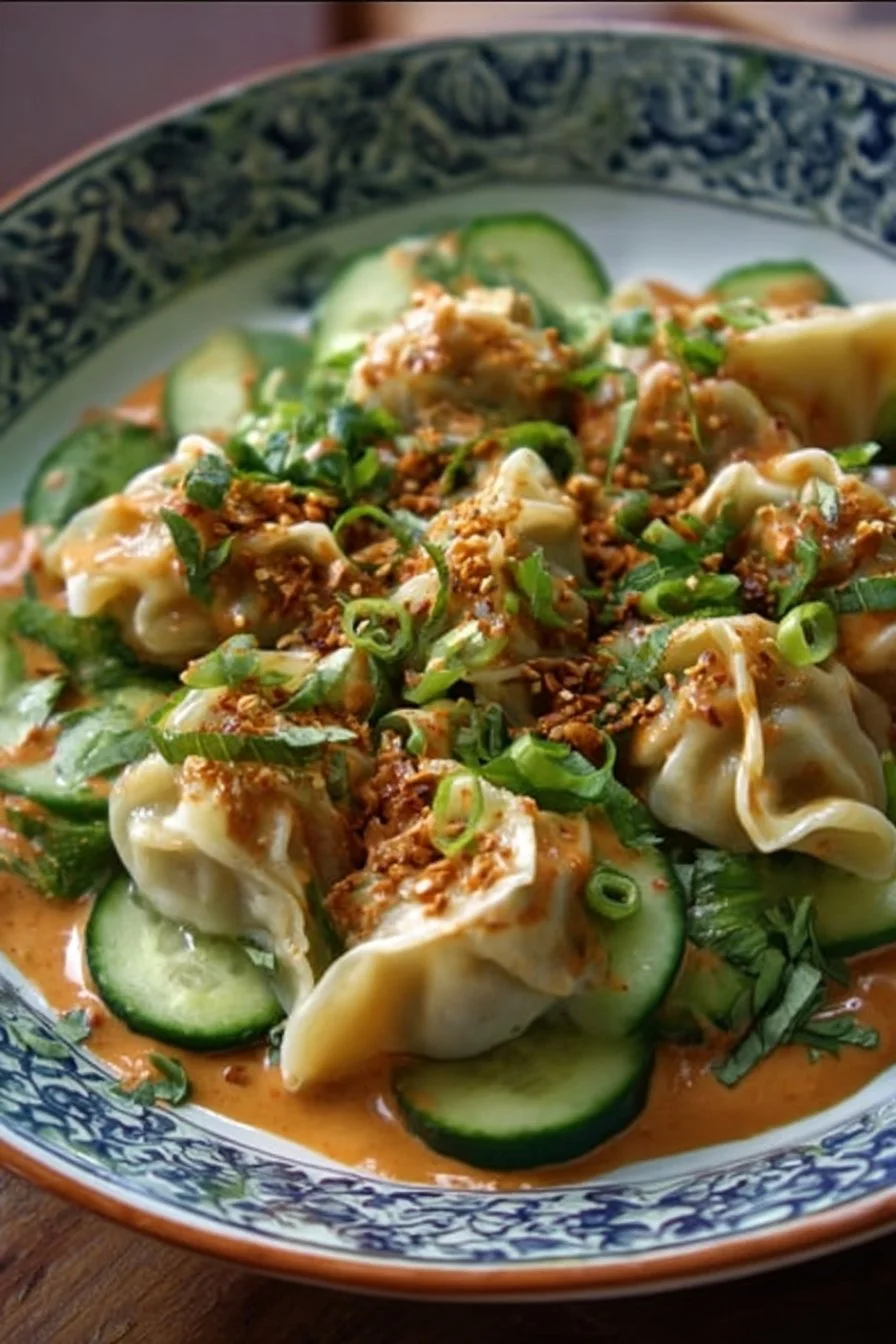 Golden dumpling and smashed cucumber salad with peanut sauce for summer nights.