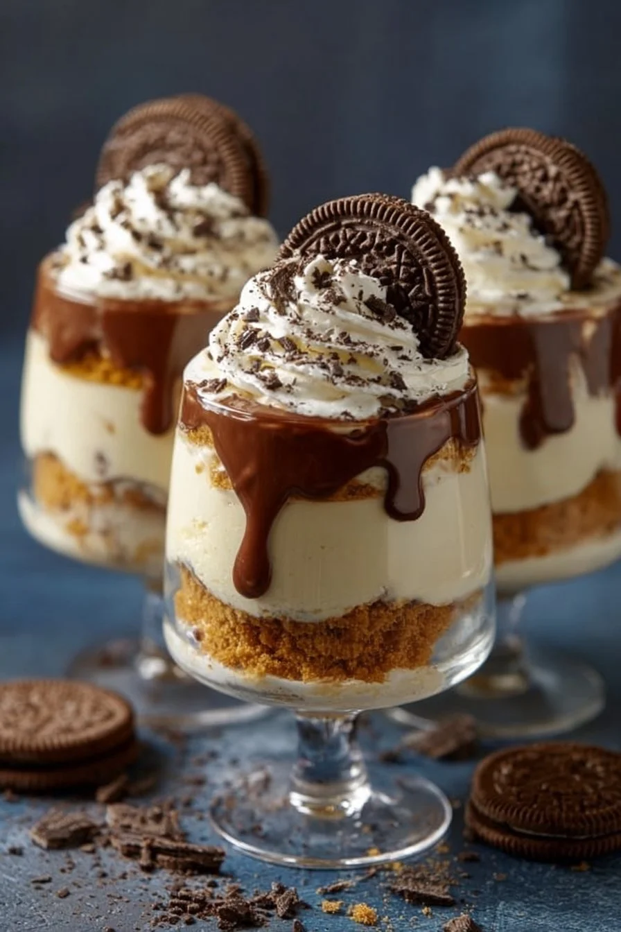 Golden Oreo Cheesecake Parfaits dessert in a glass with whipped cream and crushed Oreos