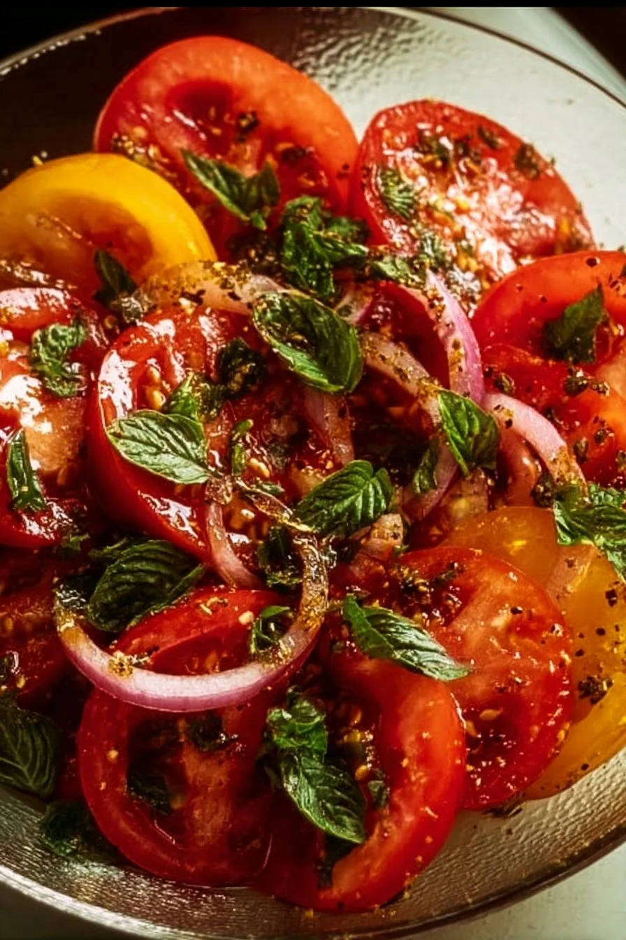 Golden Summer Basil Tomato Salad, a refreshing dish perfect for potluck parties