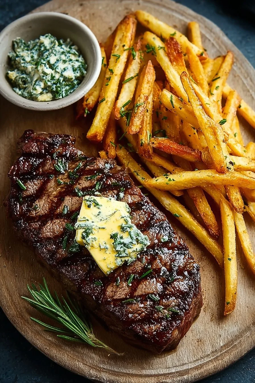 Juicy grilled steak with herb butter and crispy fries on a plate.