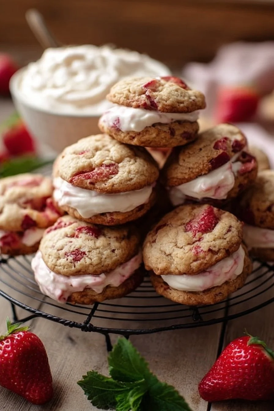 Healthy strawberry banana pudding cookies with a creamy cheesecake dip