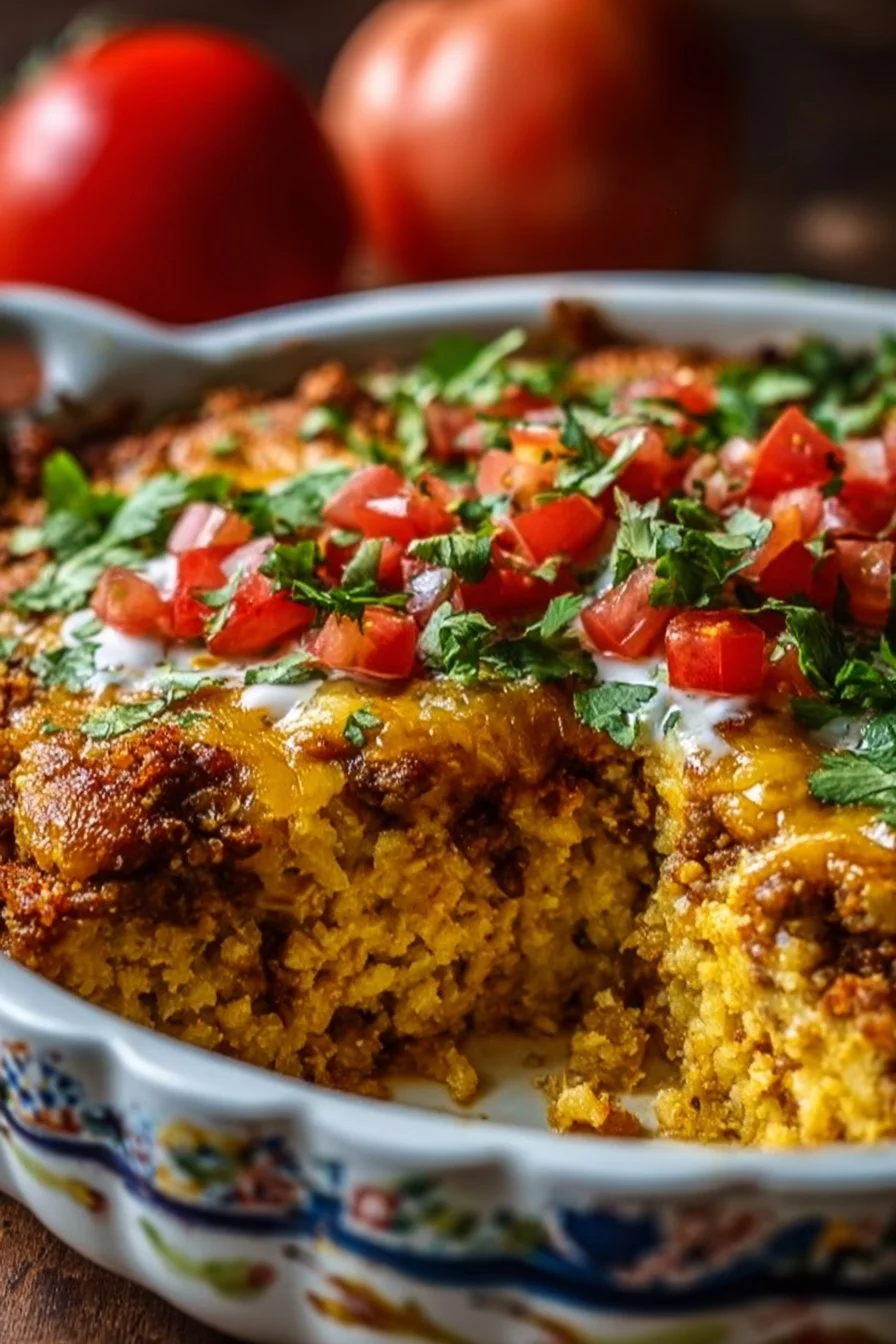 Healthy taco cauliflower rice casserole served in a baking dish with toppings.