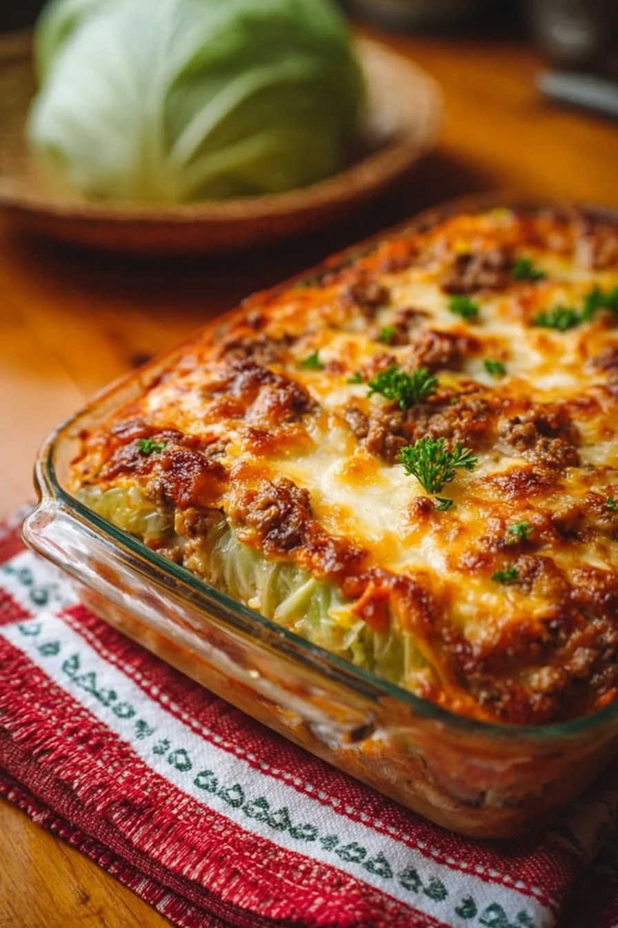 Hearty cabbage roll casserole topped with cheese in a baking dish
