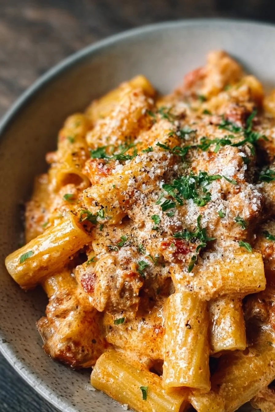 Bowl of hearty creamy sausage rigatoni topped with herbs and cheese