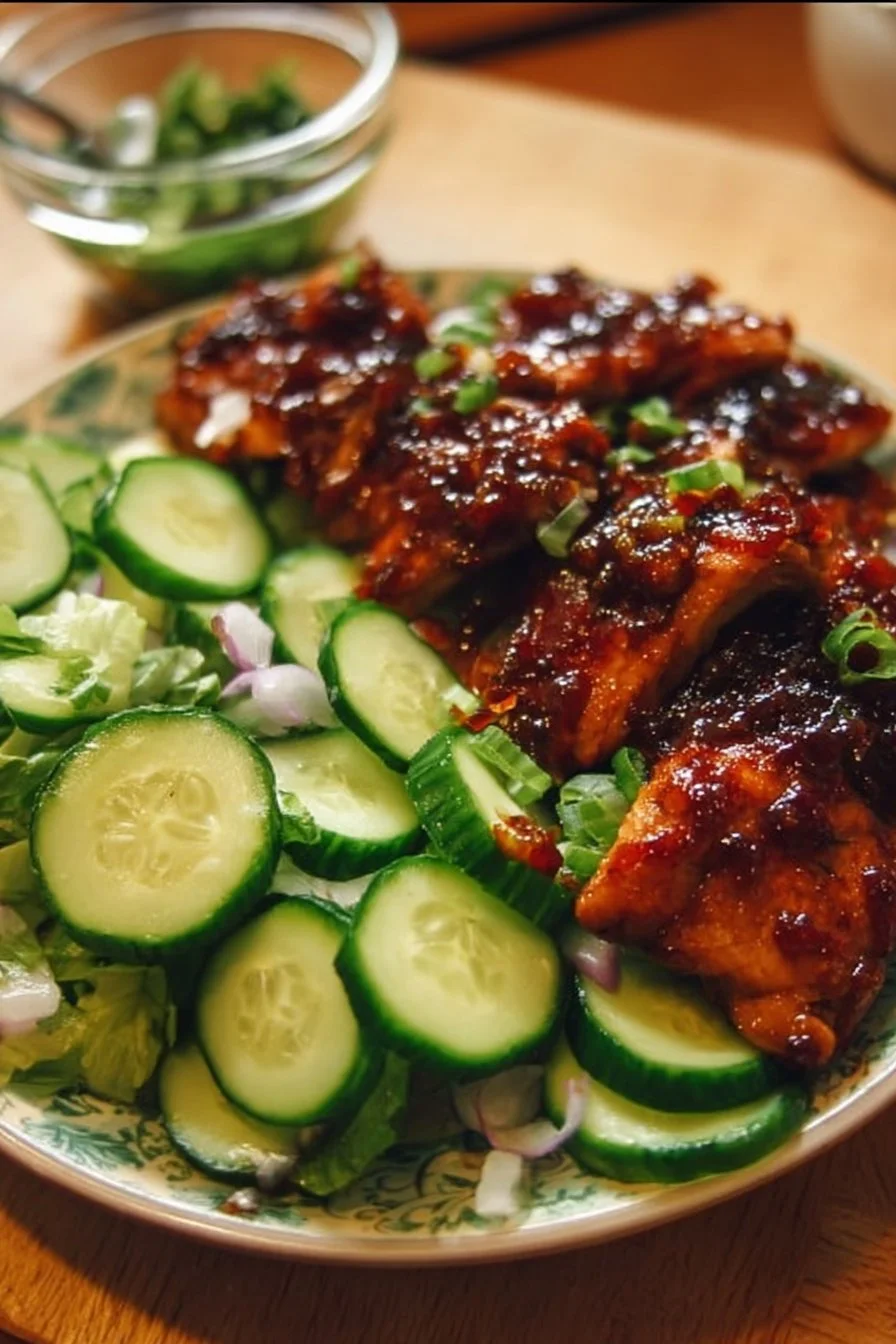 Hearty honey BBQ chicken served with fresh garden cucumber salad