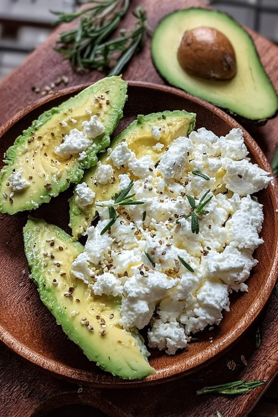 High-protein avocado and cottage cheese snack in a bowl topped with herbs