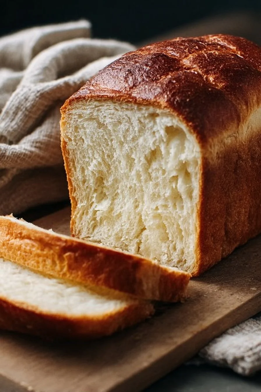 Loaf of homemade sourdough sandwich bread on a cutting board.