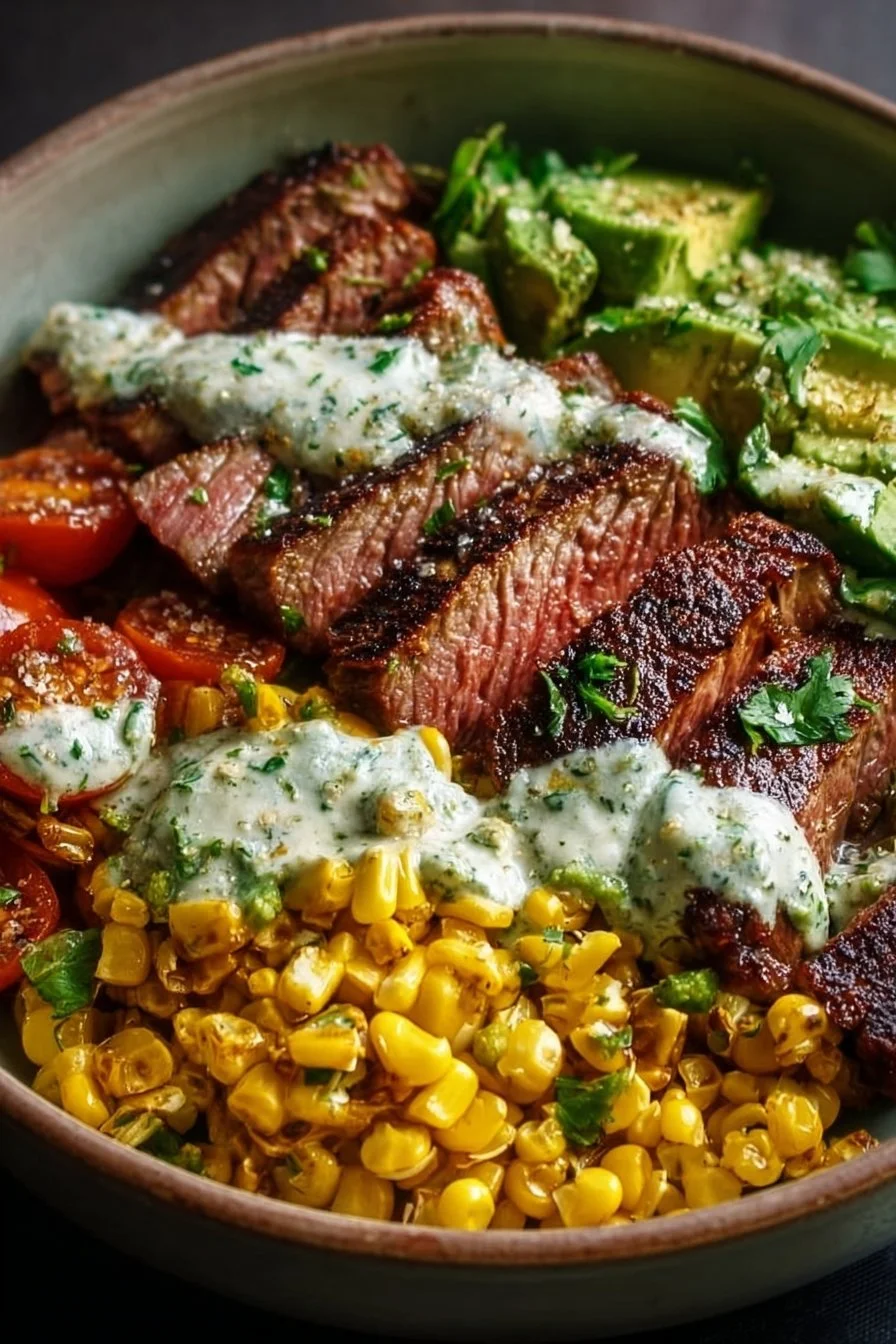 Homemade steak bowl with avocado, roasted corn, and cilantro cream sauce