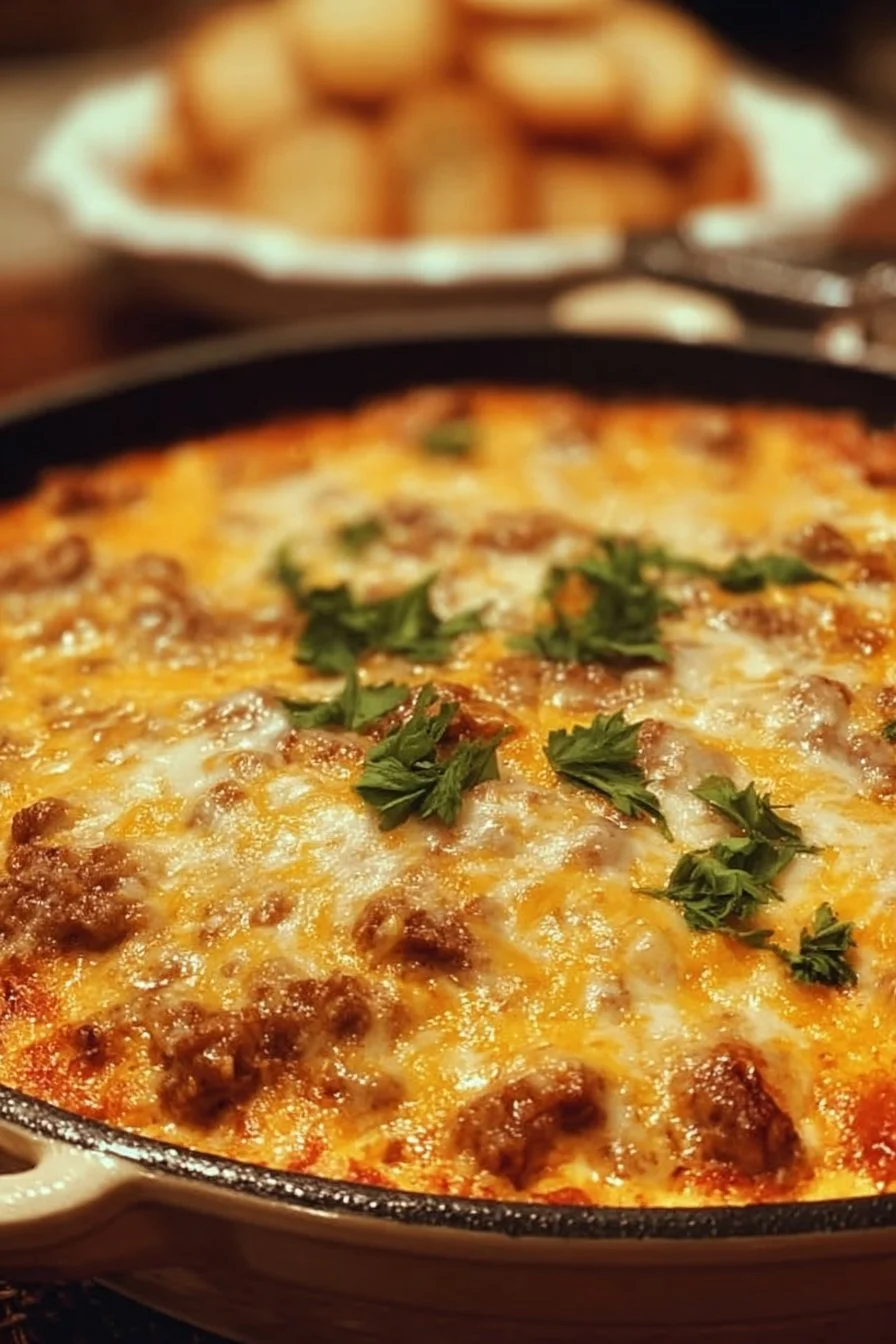 Delicious hot sausage cheese dip served in a bowl with tortilla chips