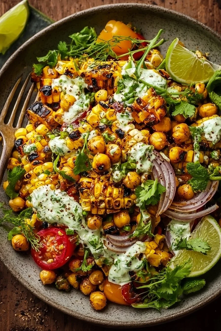 Delicious charred corn and chickpea salad with lime crema served in a bowl