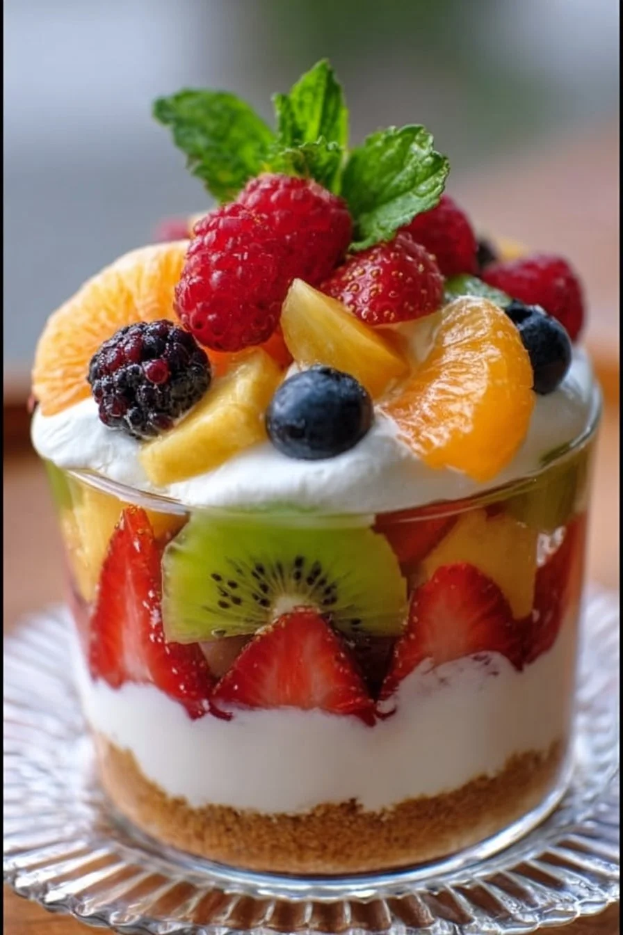 Delicious cheesecake fruit salad ready for a potluck party