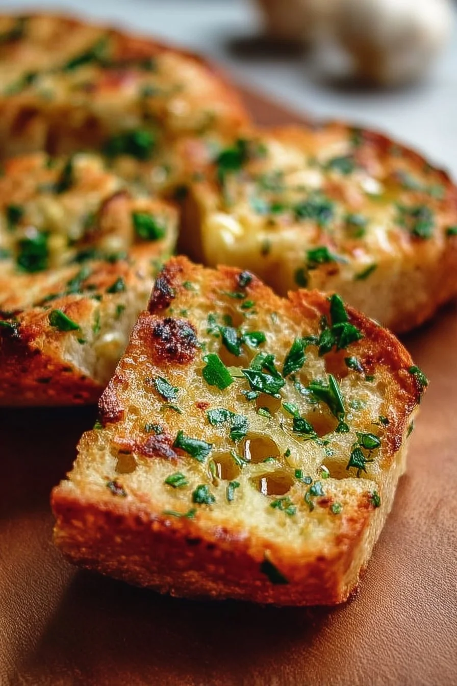Homemade sourdough garlic bread sliced and ready to be served