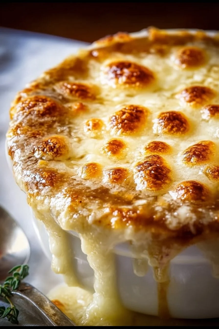 A bowl of Irresistible Slow Cooker French Onion Soup topped with melted cheese.