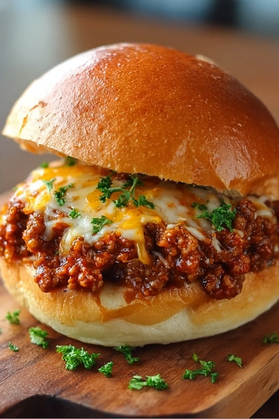 Juicy cheesy spaghetti sloppy joes served in a bowl with fresh ingredients