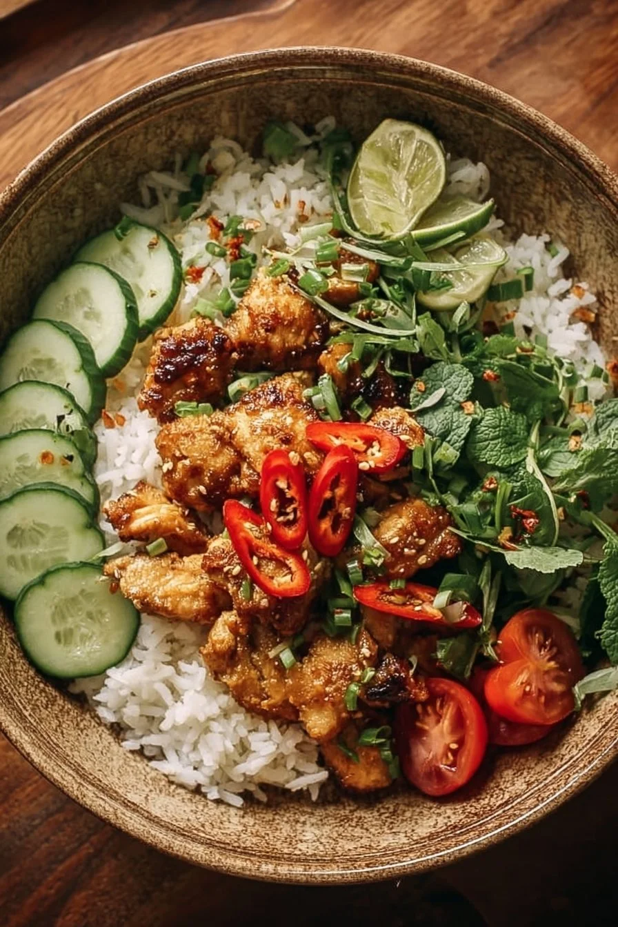 Juicy Coconut Chicken Rice Bowl served with colorful vegetables