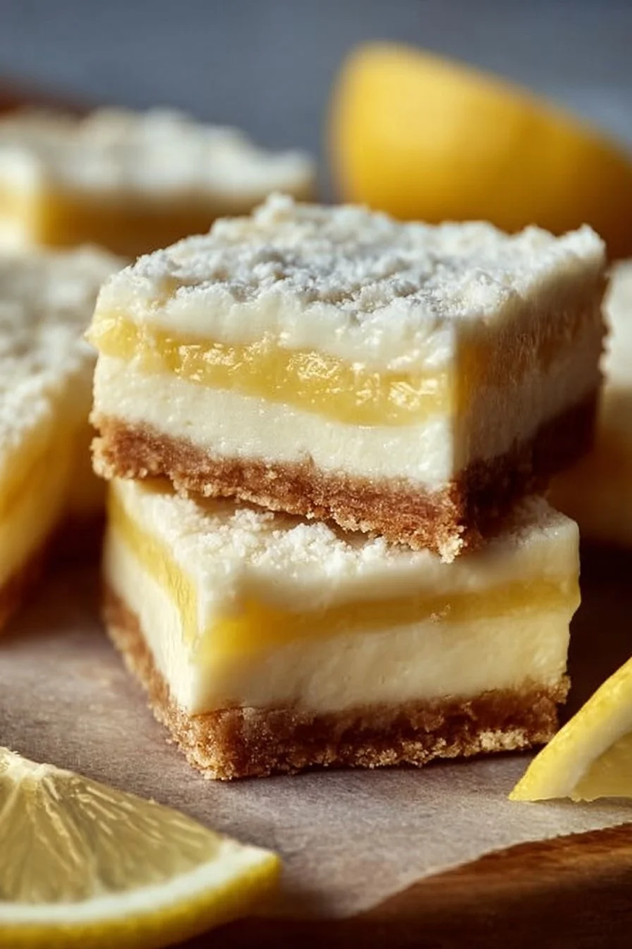 Delicious lemon cream cheese bars on a white plate with lemon slices