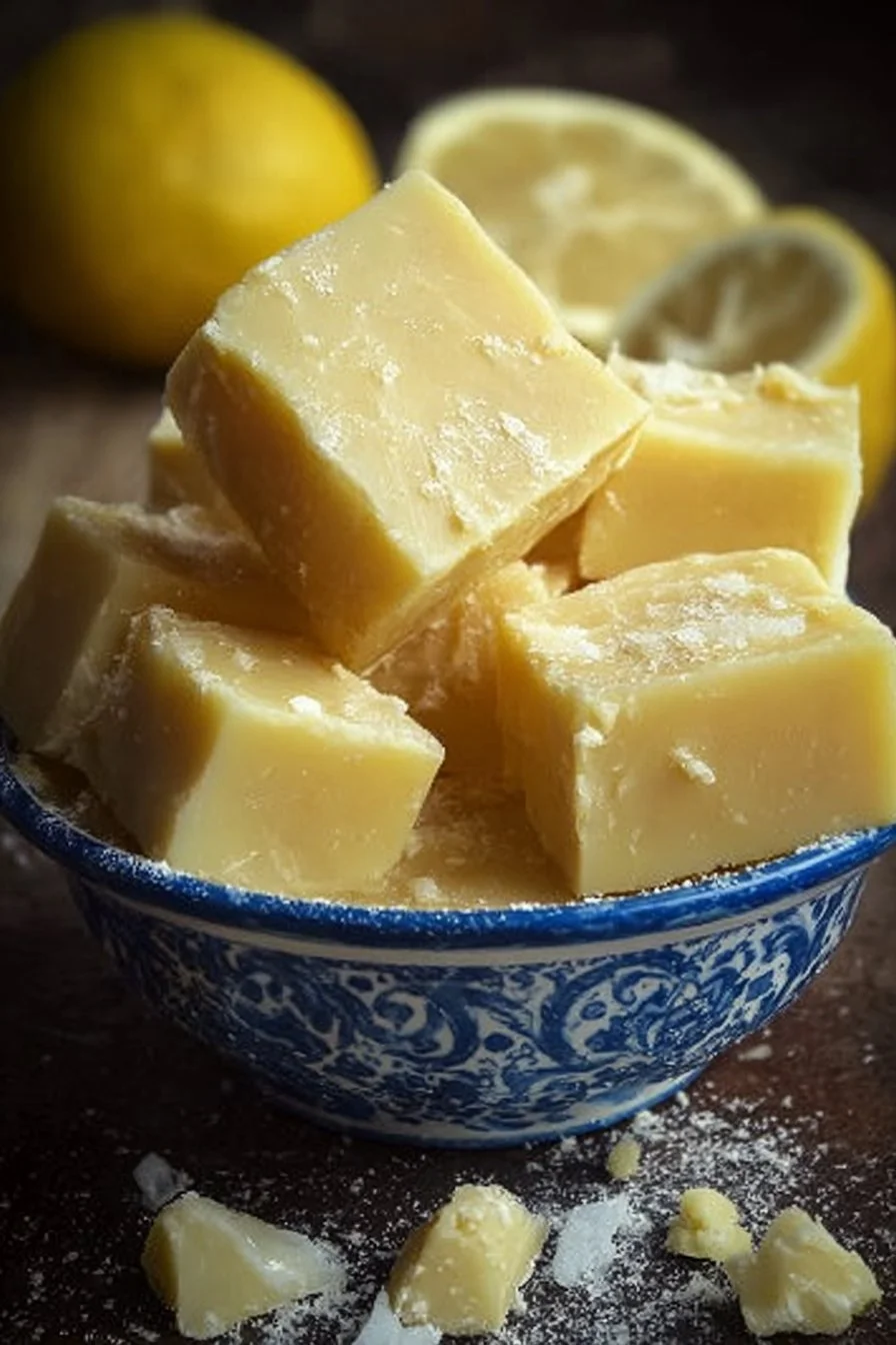 Delicious lemon fudge square on a plate garnished with lemon zest.