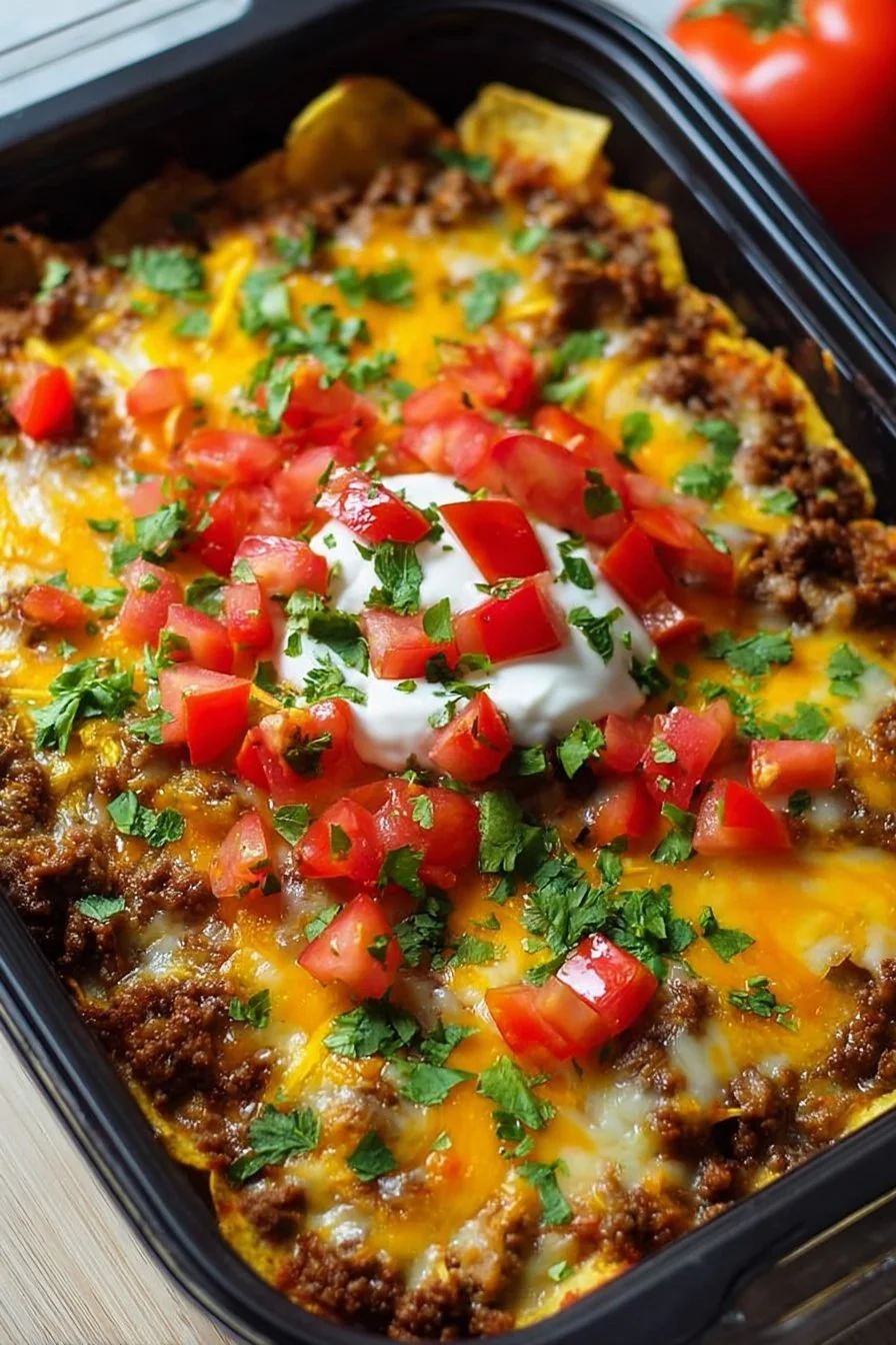 Delicious Loaded Nacho Bake topped with cheese and fresh toppings served in a baking dish