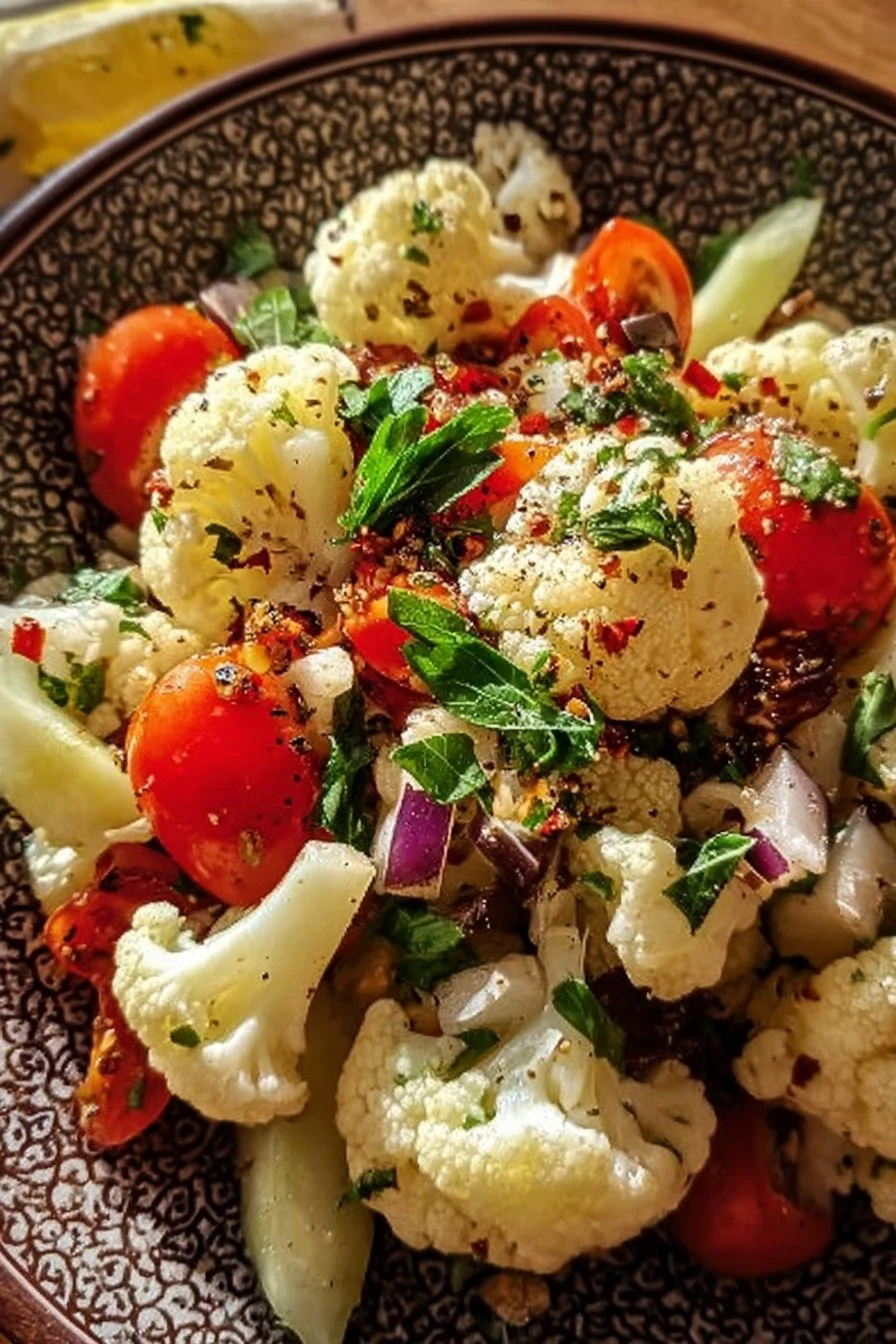 Mediterranean Cauliflower Salad with colorful vegetables and herbs.