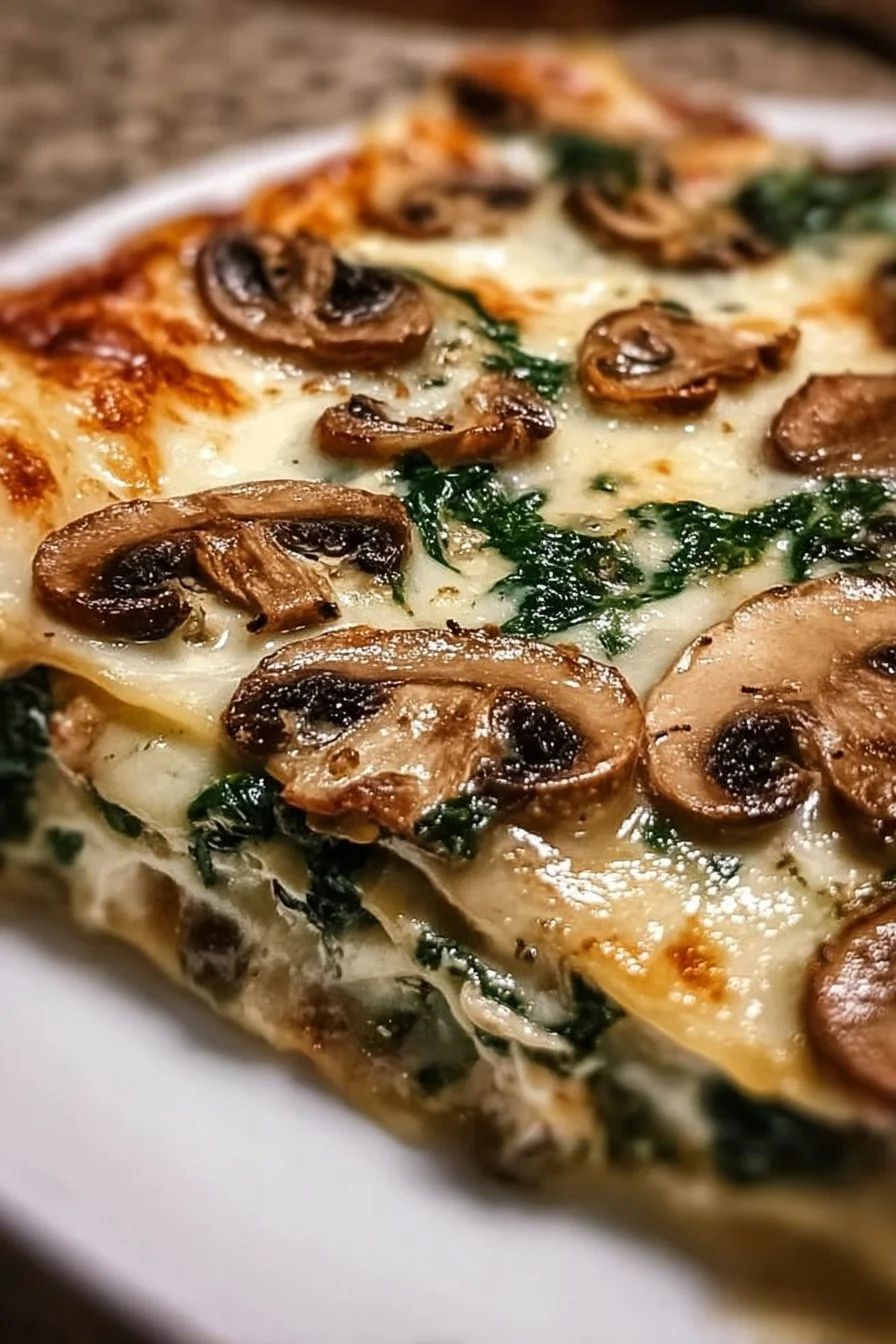 Delicious Mushroom Spinach Lasagna topped with cheese in a baking dish