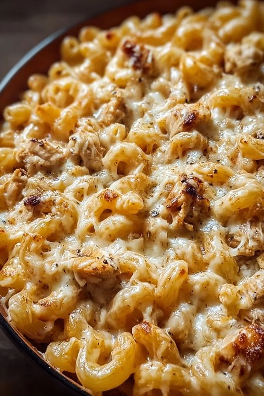One-Pot Chicken Parmesan Mac & Cheese with creamy textures and golden topping
