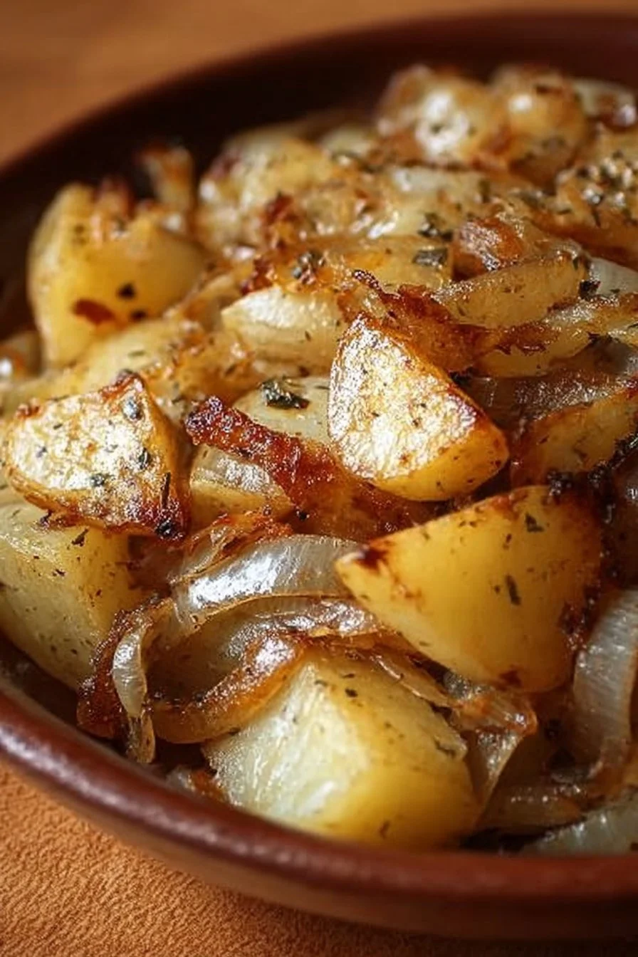 Bowl of crispy oven fried potatoes and onions, a tasty side dish.