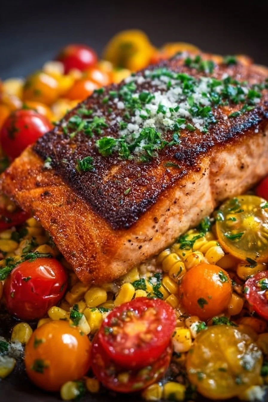 Oven-Seared Salmon with corn and tomatoes on a plate