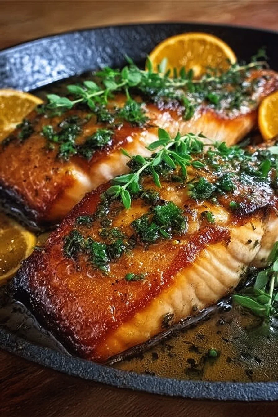 Plate of pan fried orange salmon garnished with herbs and citrus slices