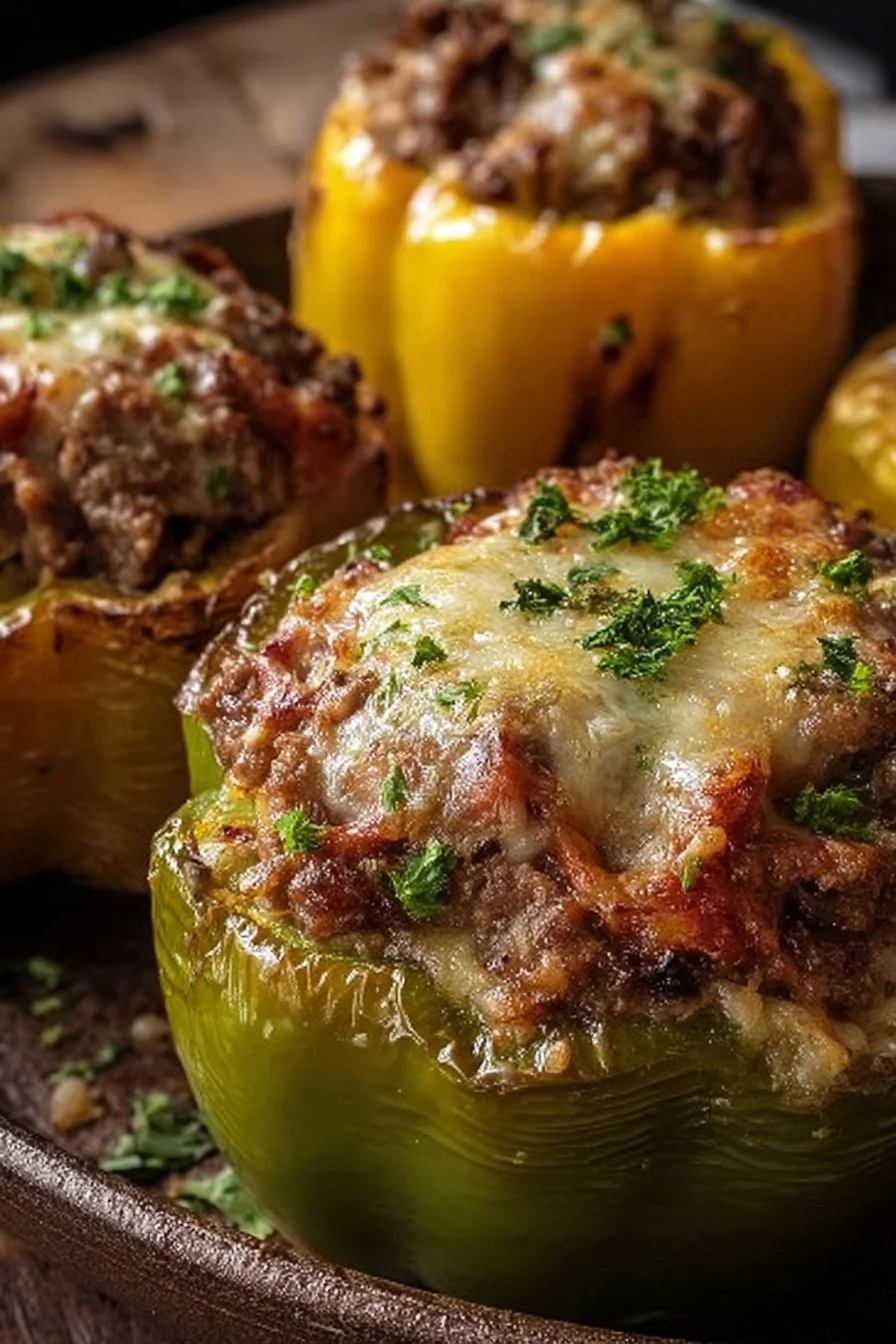 Philly Cheesesteak Loaded Stuffed Peppers on a plate garnished with herbs.