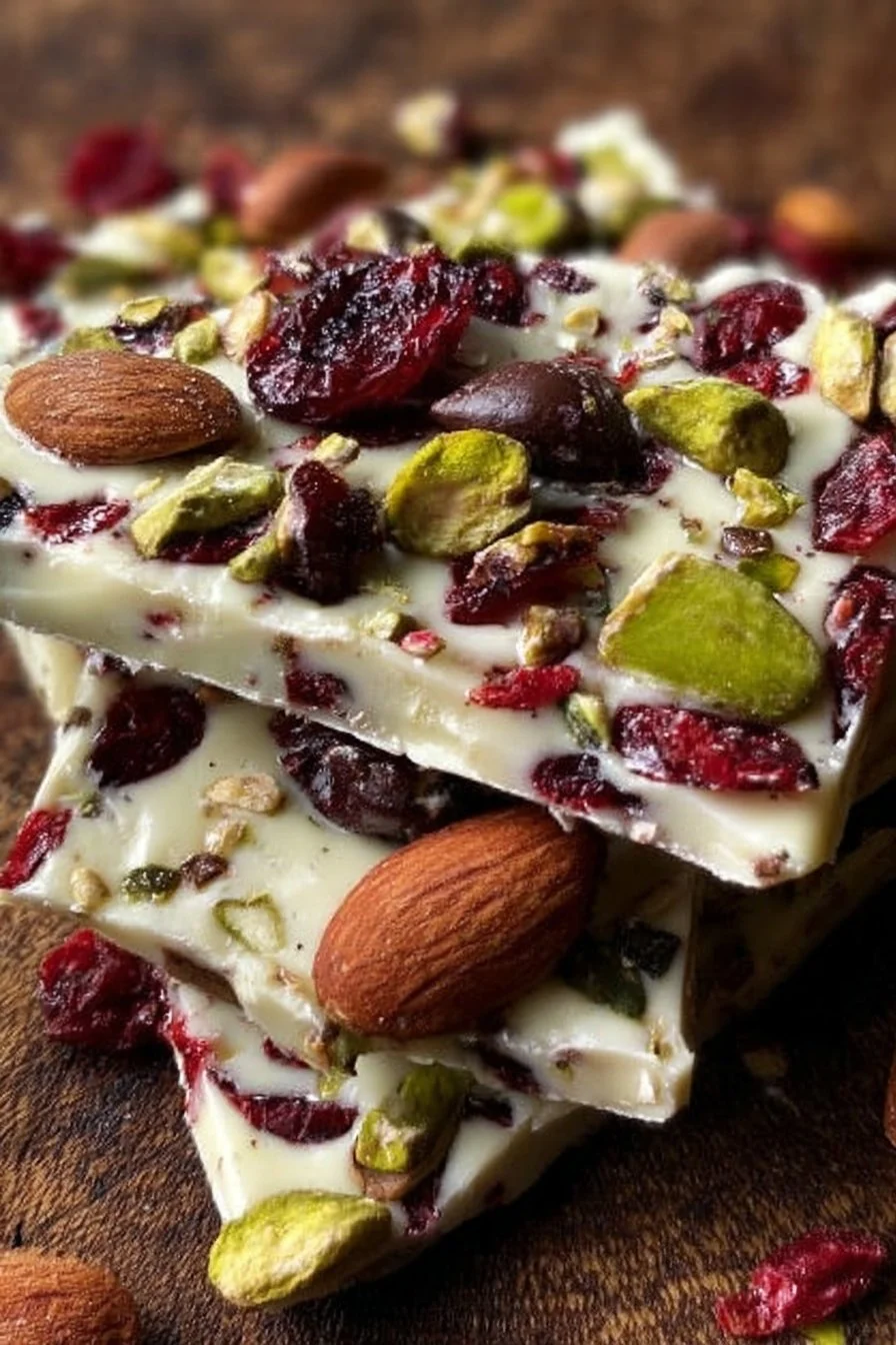Homemade Pistachio Cranberry Bark with chocolate, cranberries, and pistachios.