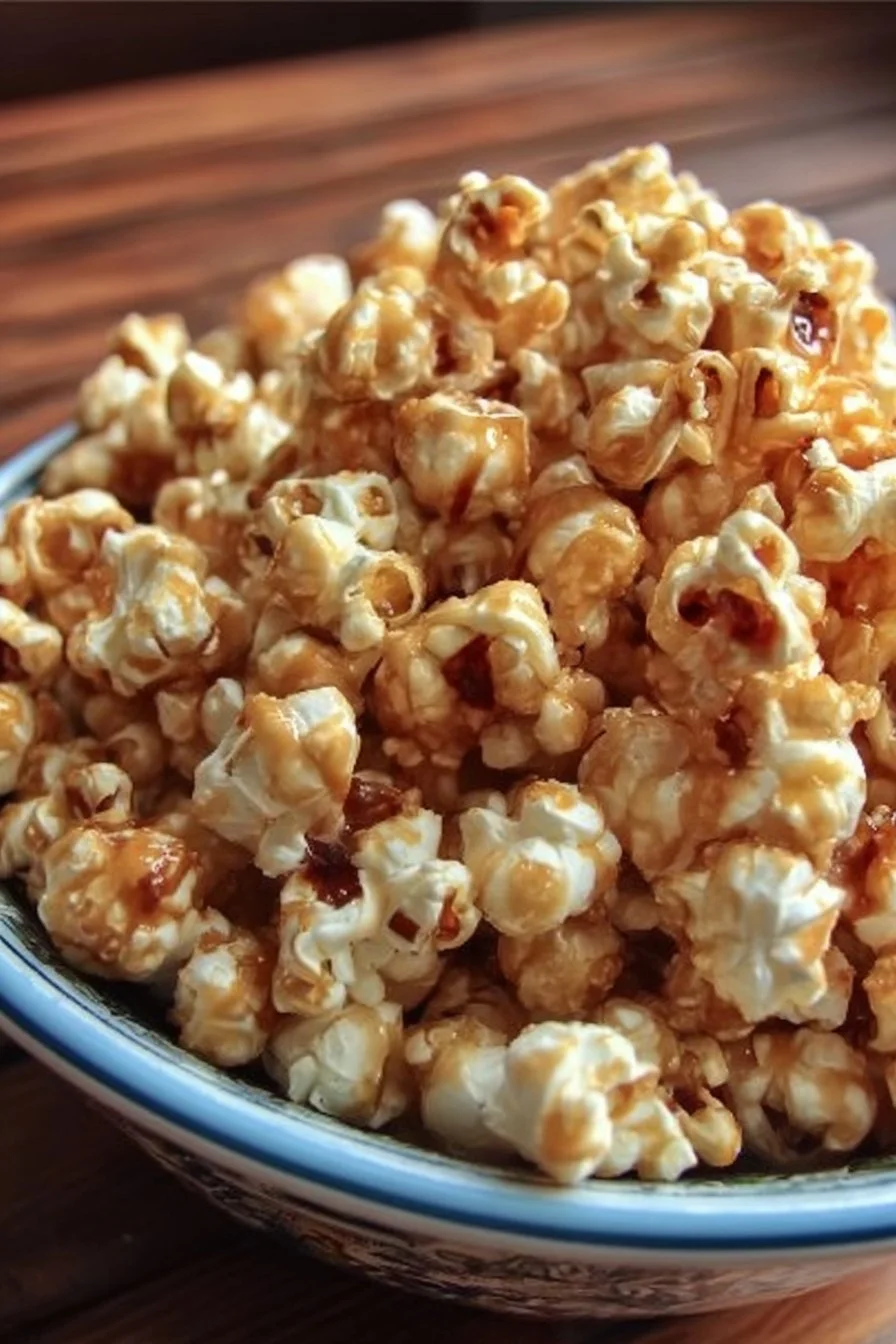 Delicious praline popcorn served in a bowl, perfect for snacking.