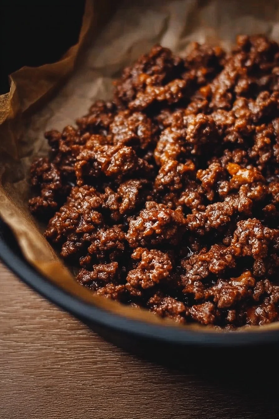 Cooked air fryer ground beef served on a plate with vegetables