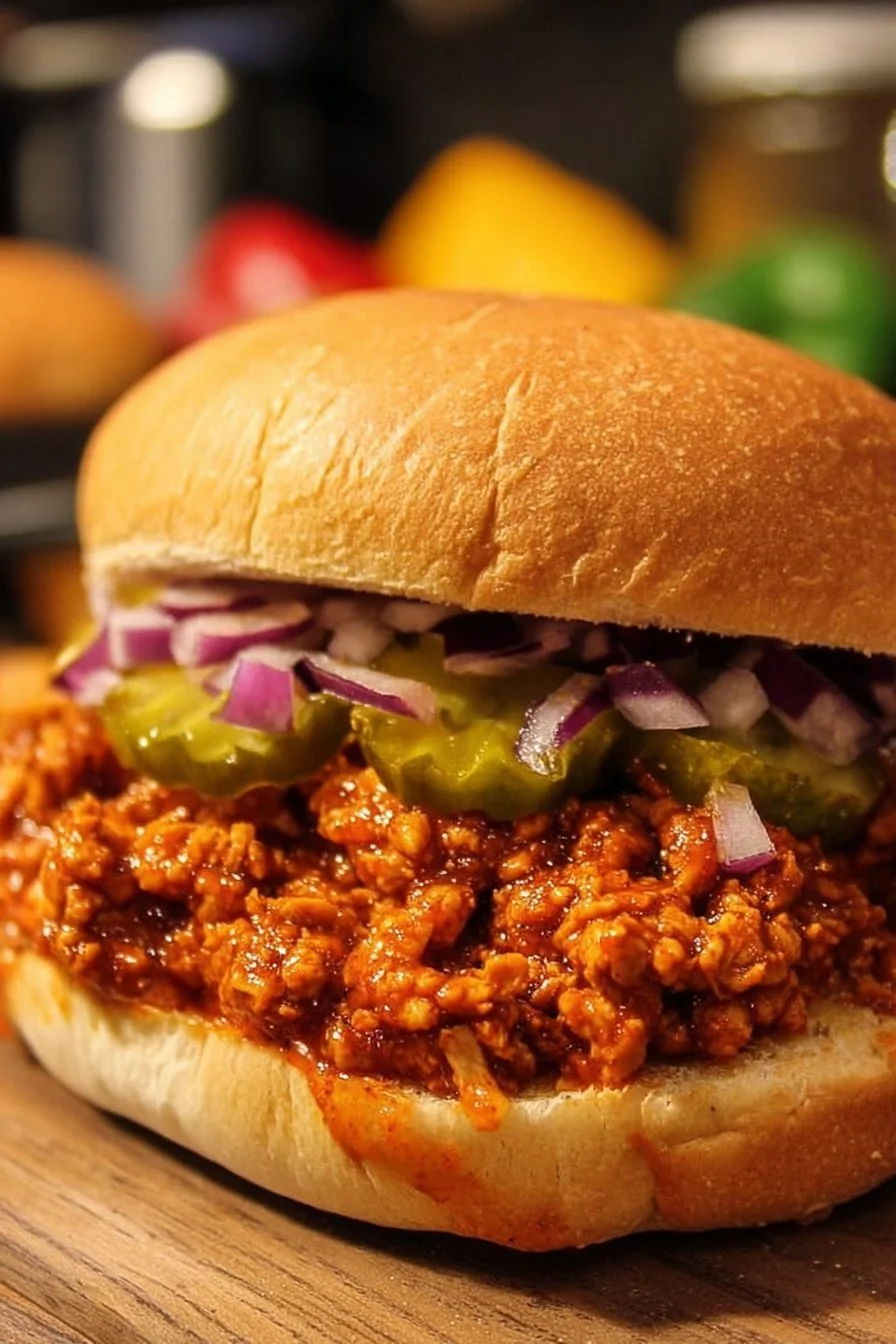 Quick Cajun Chicken Sloppy Joes on a plate garnished with herbs