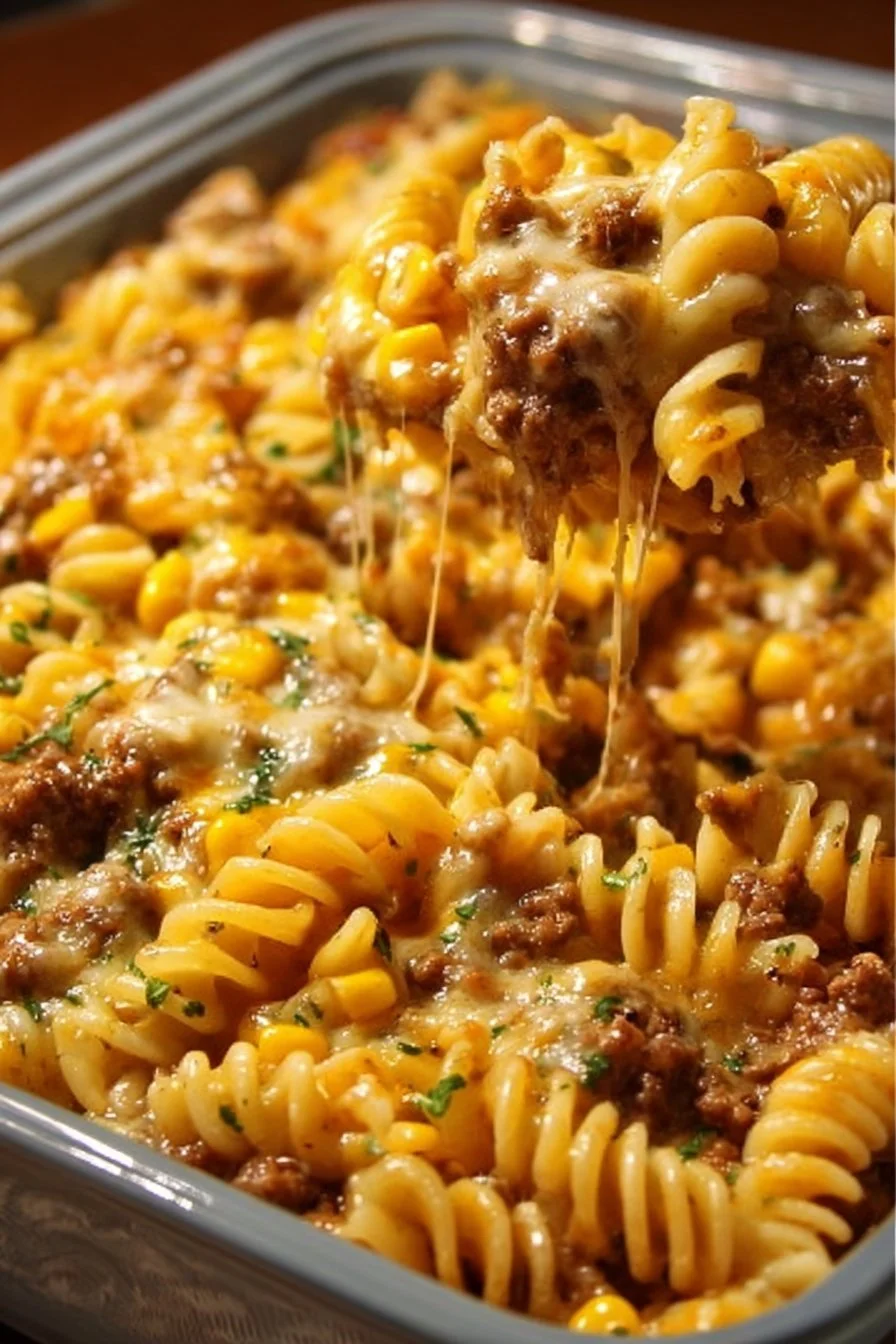 Loaded Cheddar Ranch Beef and Sweet Corn Rotini Bake in a casserole dish