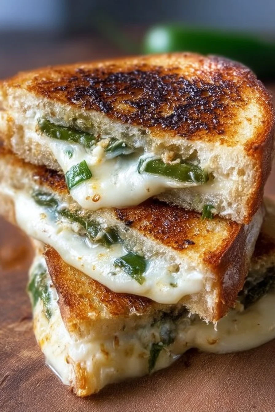 Roasted jalapeno popper grilled cheese sandwich with melted cheese and jalapenos.