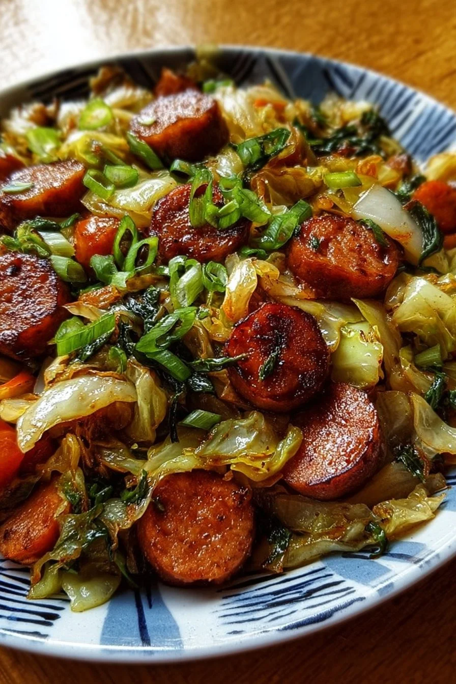Sausage and Cabbage Stir Fry with colorful vegetables in a frying pan